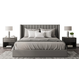 Free PNG wallpaper mockup in Interior Bed Room, Modern Grey Bedroom Interior with Upholstered Bed and Marble Lamps 3D rendering
