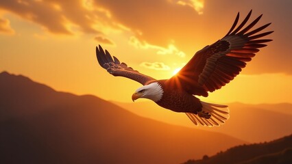 Obraz premium Bald eagle flying at sunset over mountain range photo with dramatic orange sky and brown wings for nature background, wallpaper, wildlife advertisement, and print design