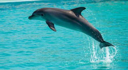 Fototapeta premium Dolphin Leaping from Turquoise Water with Splash of Joyful Freedom Capturing Marine Life in Dynamic Action and Vibrant Colors