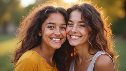 Fototapeta premium Two young women friends smiling outdoors photo with green background for portrait, lifestyle, social media, advertisement and editorial use