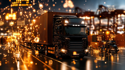 Futuristic truck navigates digitally enhanced port, showcasing advanced supply chain visibility and transparency with glowing data overlays