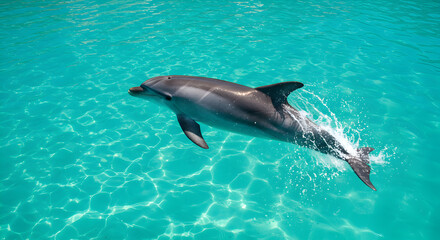 Naklejka premium Dolphin Swimming Gracefully in Turquoise Ocean Water under Bright Sunlight at Tropical Island