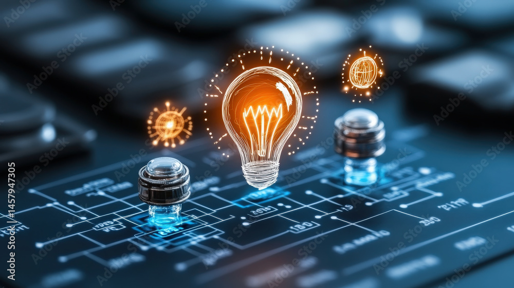 Aufkleber glowing light bulb symbolizes innovation and creativity in technology, set against digital circuit b