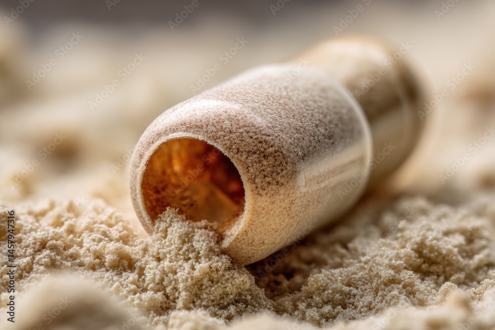 Aufkleber close up of capsule shell showing detailed texture and fine powder in natural light on a blurred bac