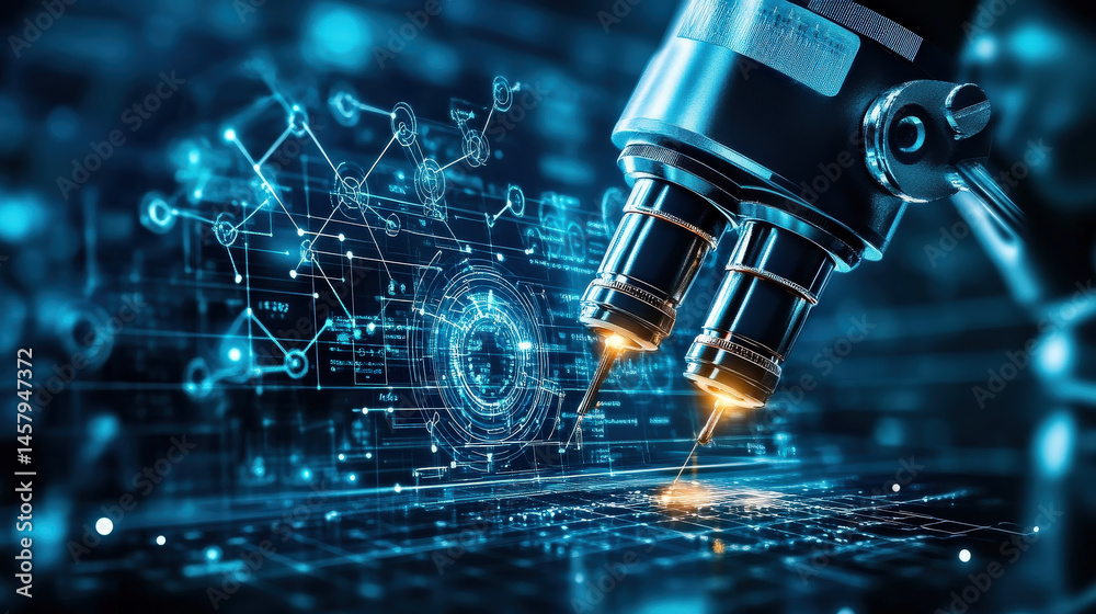 Aufkleber Futuristic microscope analyzing digital data with glowing circuits, symbolizing advanced technology and automation in scientific research. image conveys innovation and precision
