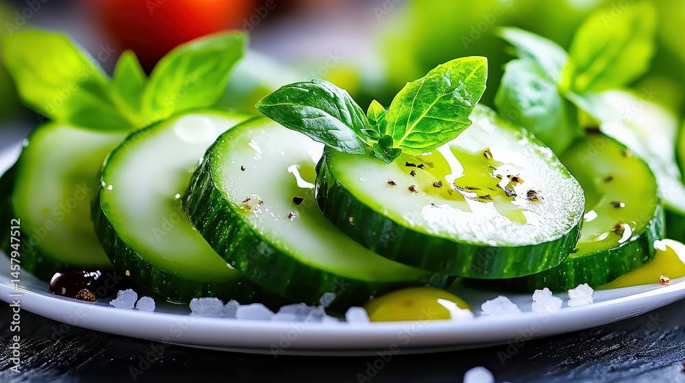Poster fresh cucumber slices garnished with basil leaves and drizzled with olive oil on white plate, creati