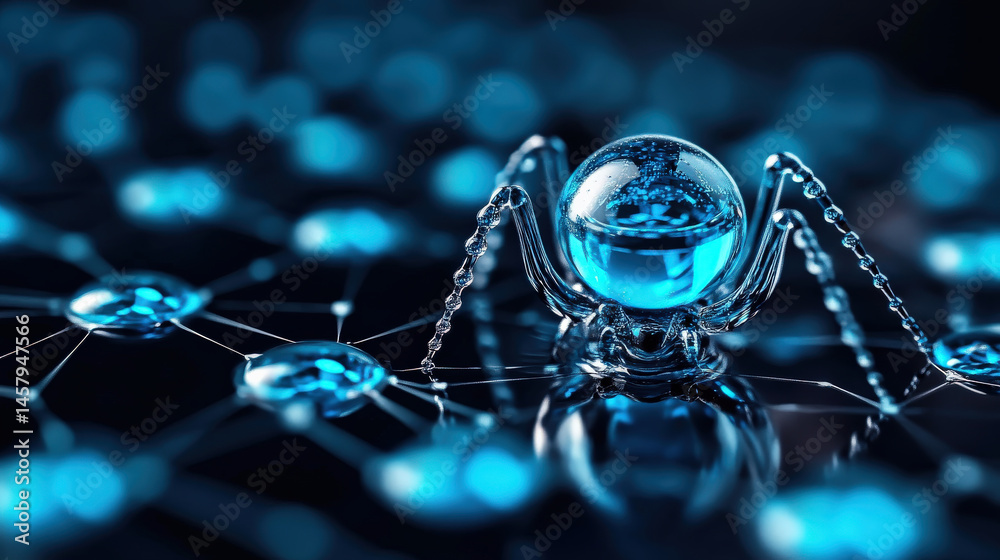 Leinwandbilder Futuristic digital spider made of glass and metal stands on glowing network, symbolizing cybersecurity and connectivity. scene is illuminated with blue light, creating high tech atmosphere