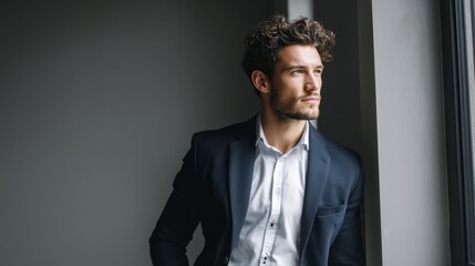 Young executive in navy blazer exudes confidence, professionalism in headshot. Modern leadership poised for success.
