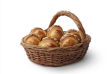 Close up of almond croissants in a wicker basket on a white background studio shot food photography