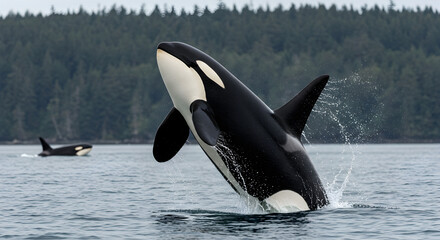 Obraz premium Dramatic Killer Whale Breaching in Dark Waters with Forest Backdrop and Cloudy Sky