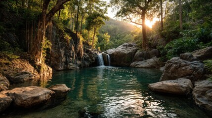 Sunrise Over Tropical Waterfall in Lush Greenery for Renewal Concept