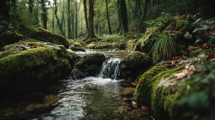 Fototapeta premium Serene Tiny Waterfall in a Tranquil Forest Stream Setting