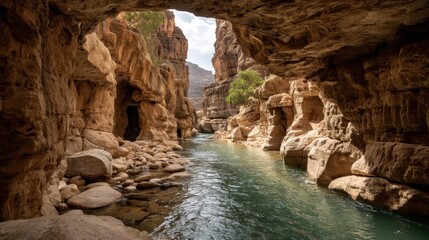 Serene Canyon with River Flowing Through Rocky Landscape