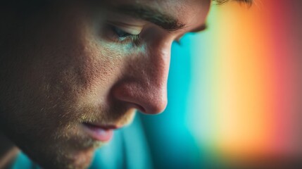 Young man in deep thought, colorful gradient backdrop, soft light. A moment of quiet reflection and introspection.
