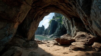 Obraz premium Exploration of Hidden Beach Cave with Scenic Natural Landscape