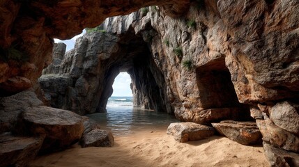 Hidden Beach Cave Exploration with Natural Rock Formations