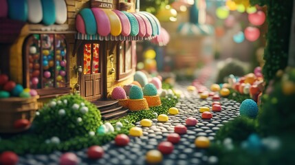 Obraz premium Whimsical Candy Shop in a Fantasy Town with Colorful Treats and Festive Vibe