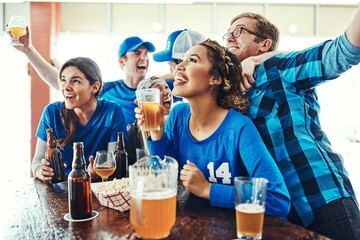 Sports, fans and excited people in bar with solidarity, television and beer at broadcast of championship on tv. Baseball, games and group of happy friends in pub for watch party, drinks and support