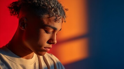 Young man in deep thought, colorful gradient backdrop, soft light. A moment of quiet reflection and introspection.
