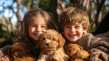 Children and puppies in a joyful embrace outdoors