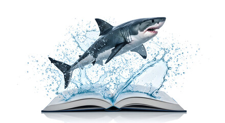 Great White Shark Leaping from Open Book with Blue Water Splash on White Background