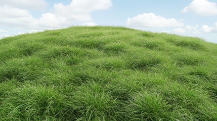 Lush green grass hill under partly cloudy sky