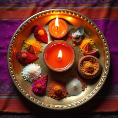 Puja thali with traditional items for Apara Ekadashi, Spiritual tools in vibrant arrangement, Symbolic elements of sacred offering, Rich textures and ceremonial grace