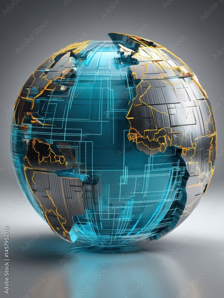 Poster Symbolic Globe Encased in Split Sphere of US and China Digital Mesh Showcasing Global Interconnectedness Generative AI