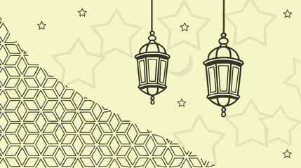 Minimal Arabian lanterns hanging under a starry night.