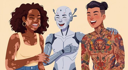 Obraz premium Humanity's future embraces diversity: A robot, a tattooed man, and a woman with vitiligo share a joyful moment, symbolizing acceptance and inclusivity.