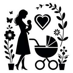 Elegant Mother with Baby and Stroller Floral Silhouette Design