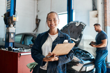 Workshop, woman or car mechanic in portrait with clipboard, checklist and working with confidence....