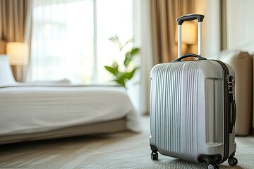 Hotel Room with Bed and Suitcase, Ready to Travel, Vacation Travel, Getaway