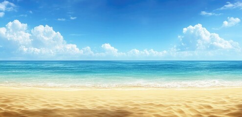 Obraz premium Idyllic Ocean Sandy Beach, Turquoise Waters, and Fluffy White Clouds Horizon