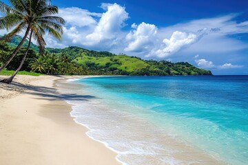 Fototapeta premium Idyllic Beach Palm Trees, White Sand, Turquoise Water & Lush Green Hills