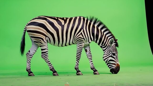 Zebra Grazing on Green Screen Background for Compositing