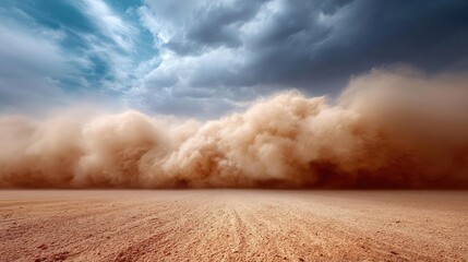 Panorama sand storm in arid desert with massive wind concept. A dramatic dust storm approaching across an open landscape.