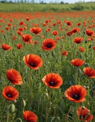 Fototapeta premium Close-up of poppies amidst swaying meadow grasses , photography, image