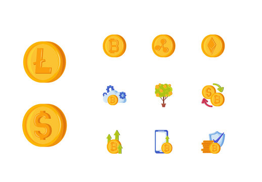 Yellow Blue Cryptocurrency Finance Digital Payment Icons Set