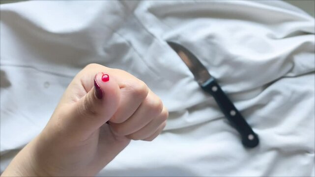 A woman cut her finger with a kitchen knife while cooking. Bleeding from the finger. Blood clotting.