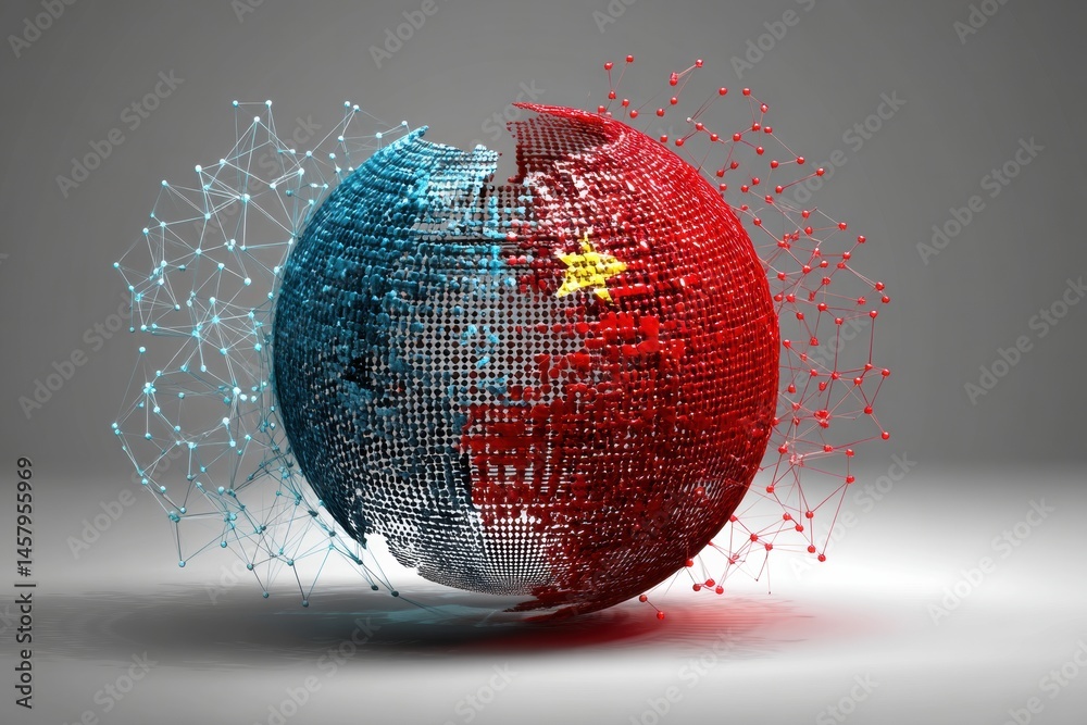 Leinwandbilder symbolic globe surrounded by digital mesh representing us and china relations in a split sphere desi