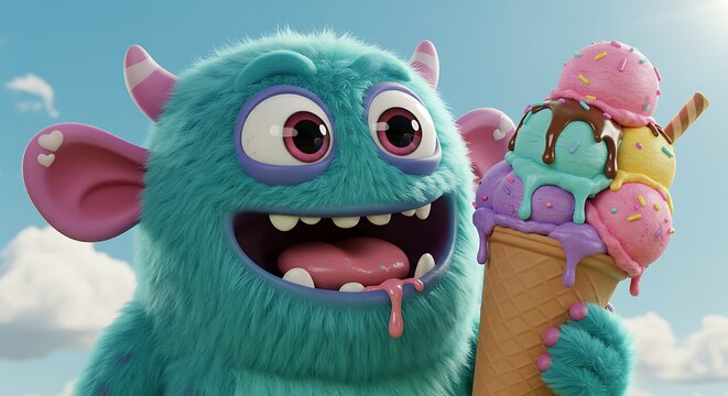 Adorable Fuzzy Monster Enjoying a Delicious Triple Scoop Ice Cream Cone under a Sunny Sky