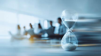 Hourglass in Focus with Blurred Business Meeting Background Time Management Productivity and