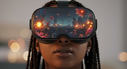 Immersive Virtual Reality Experience: A Woman Exploring a Fantastical Digital Landscape