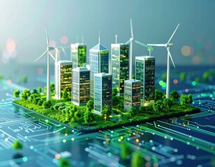 A futuristic eco-city model with skyscrapers, wind turbines, and greenery, set atop a digital circuit board representing smart, sustainable urban technology.