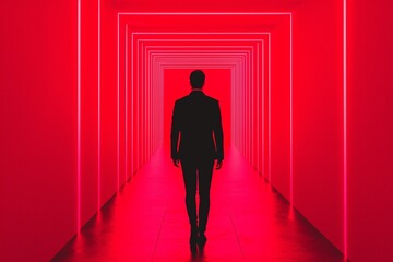 Mysterious Man in Suit Walking Through Red Neon Corridor Abstract Art