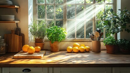 Sunlit Kitchen Countertop with Fresh Produce and Herbs Still Life