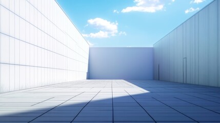 Fototapeta premium Minimalist architectural scene showcasing a modern building exterior with geometric patterns under a bright blue sky with clouds daytime