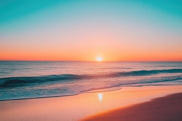 Obraz premium Ocean at Sunset, Reflective Waves, Blue Turquoise Water and Orange Sky, Beach Sand