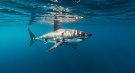 Obraz premium Magnificent Great White Shark Swimming Beneath Ocean Surface in Vivid Blue Water